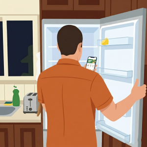 Ilustración del Hombre con Hambre mirando la nevera vacía con el móvil en la mano para pedir comida a domicilio