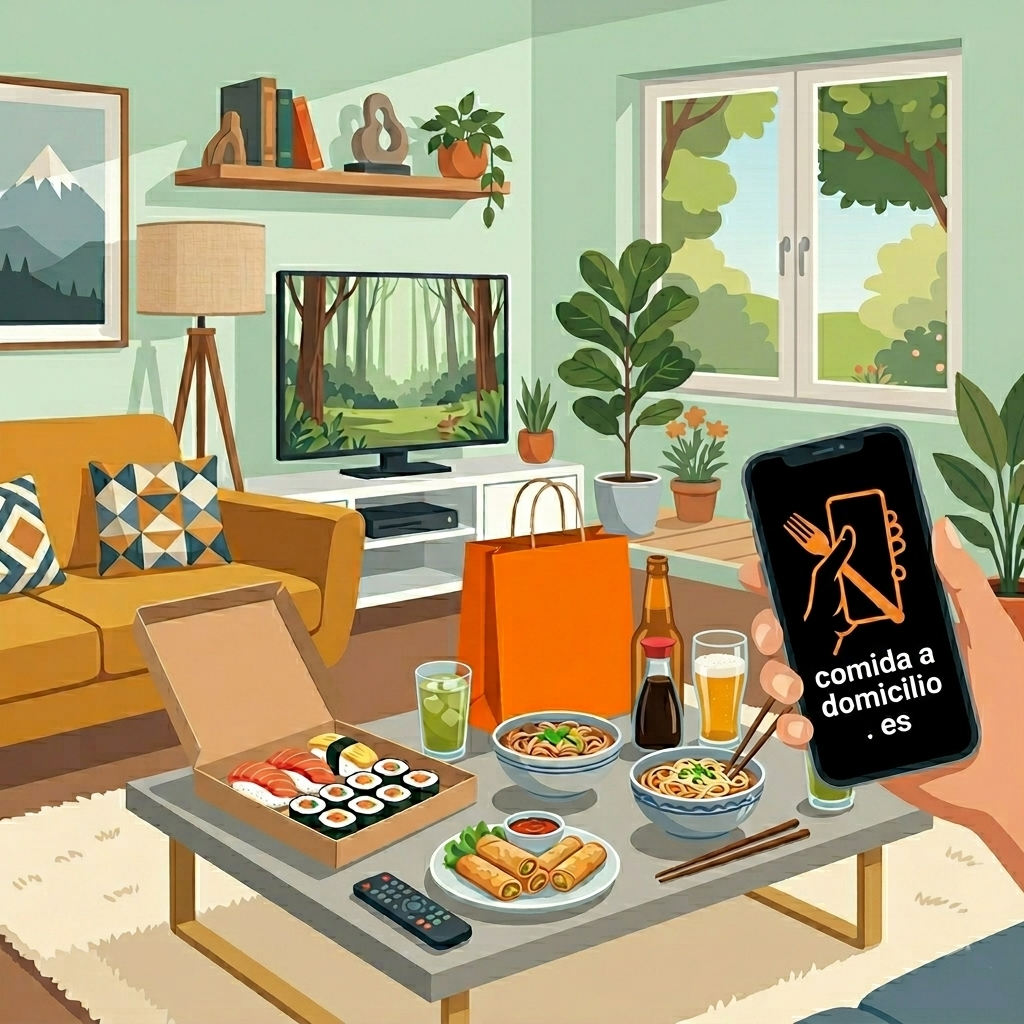 Ilustración de un pedido de comida a domicilio de Just Eat: sushi, fideos, rollitos de primavera y una bolsa naranja de reparto en un salón