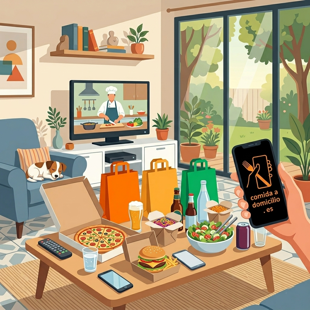 Ilustración de un salón con comida a domicilio de Just Eat, Glovo y Uber Eats: pizza, hamburguesa, ensalada y fideos sobre una mesa de centro