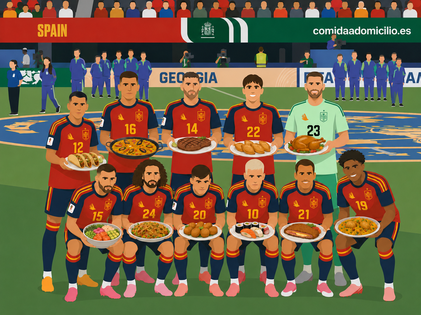 Ilustración de la selección española posando con platos de comida a domicilio en el Mundial 2026
