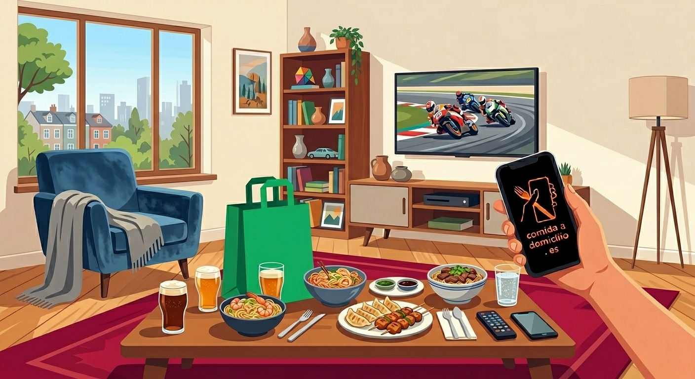 Ilustración de un pedido de comida a domicilio de Uber Eats: fideos, gyozas, brochetas y una bolsa verde de reparto en un salón